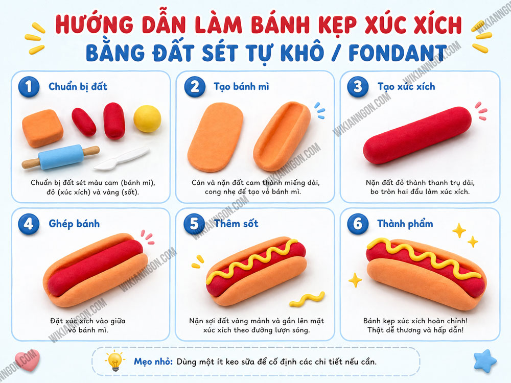 Cách Làm đồ ăn bằng đất sét tự khô: Bánh kẹp xúc xích