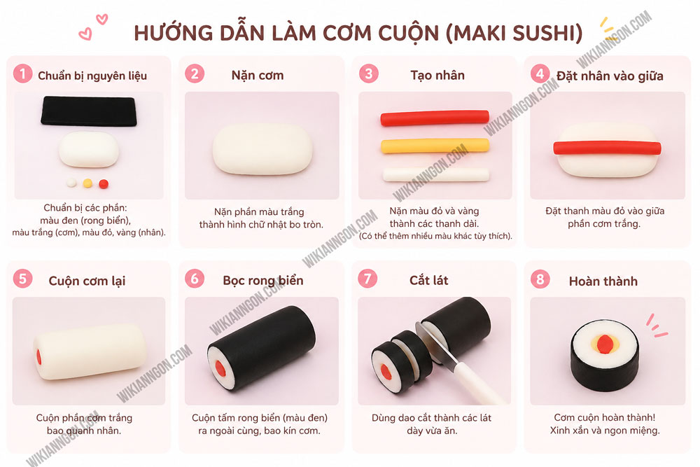 Cách Làm đồ ăn bằng đất sét tự khô: Cơm cuộn